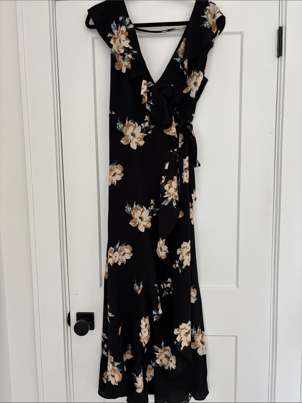 june & hudson Black Floral Wrap Midi Dress with Cream Blooms